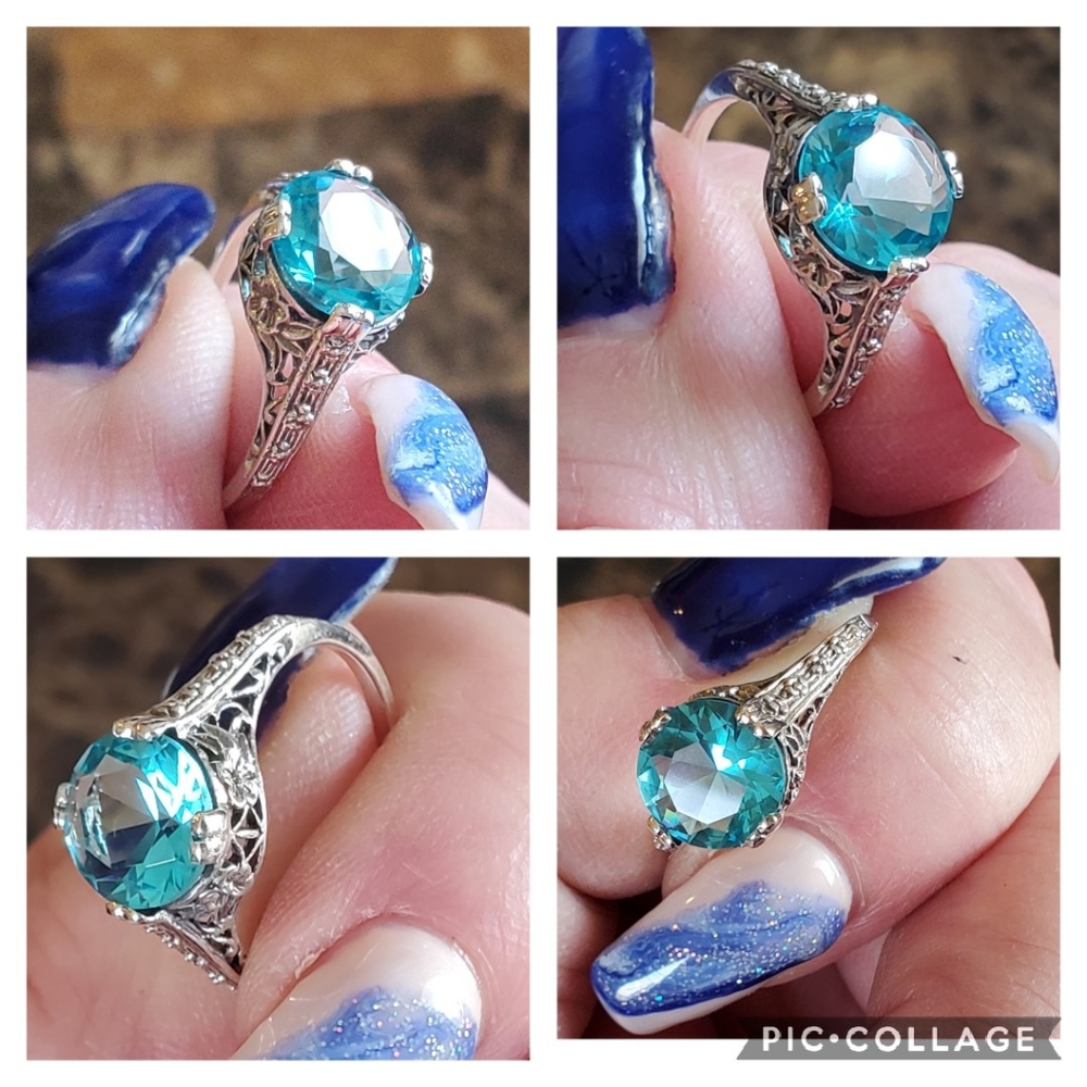 Genuine 3ct Aquamarine Art Deco Ring Size 7 - Picture 5 of 8